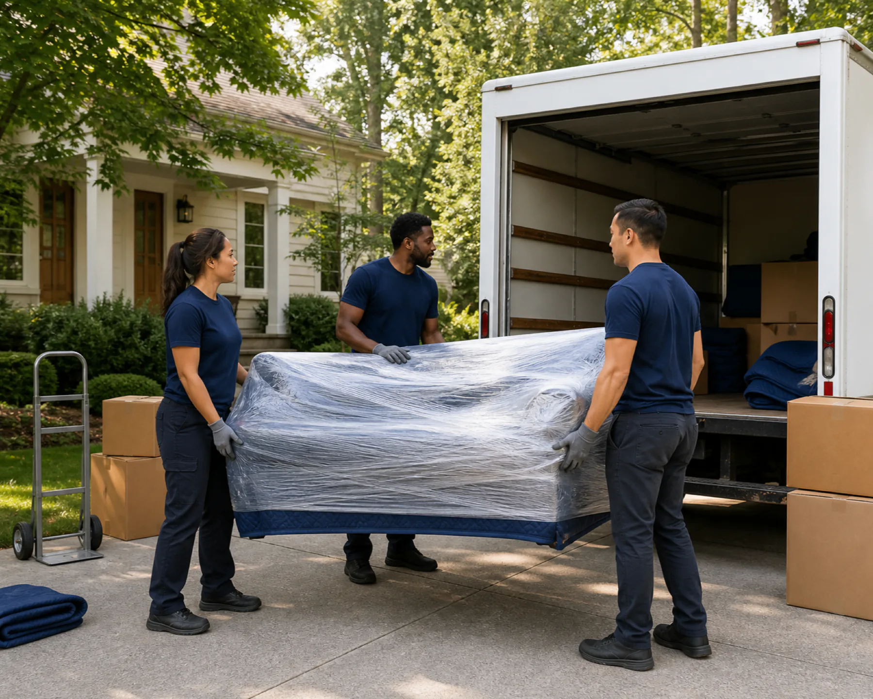 A moving crew loading wrapped furniture into an unbranded box truck outside a home