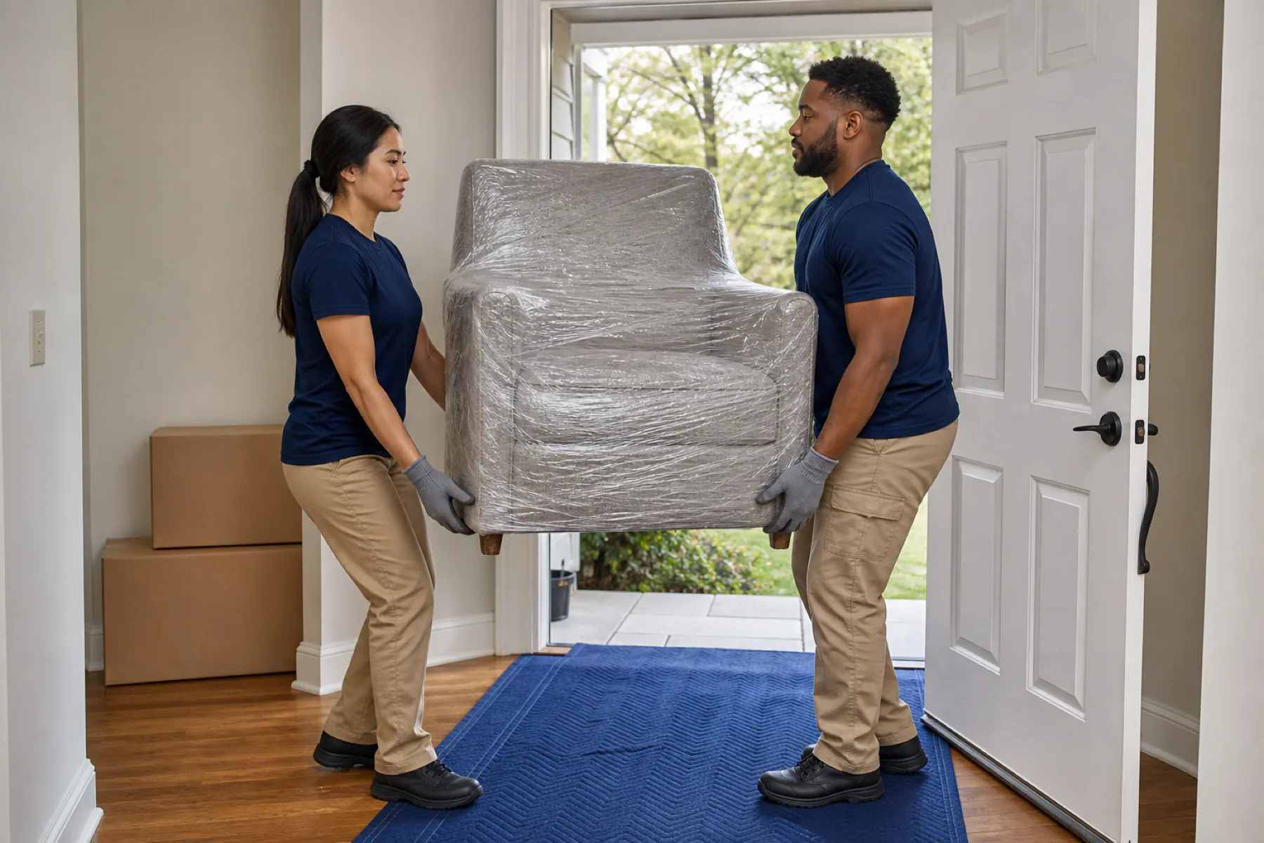 Two fictional movers carrying a wrapped armchair through the doorway of a home